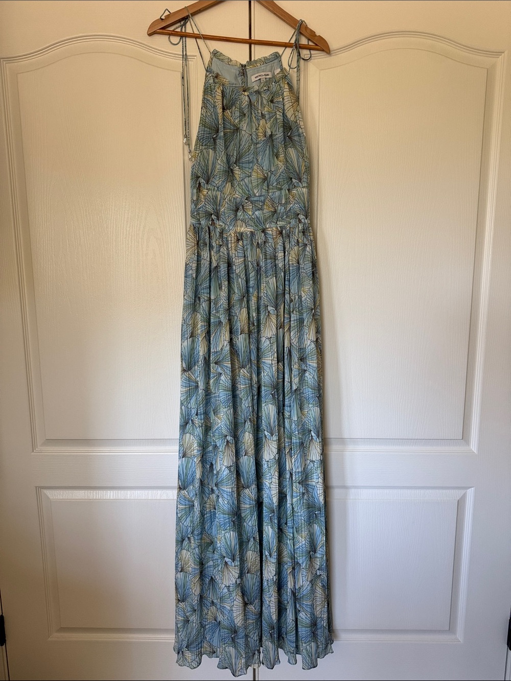 Veronica Beard Blue Butter Ginkgo Pleated Chiffon Print Yardley Maxi Dress 0 NWT